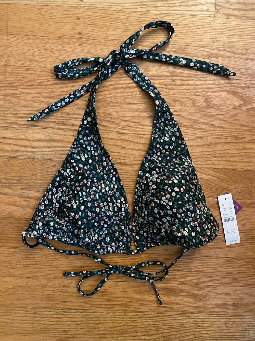 J. Crew x Liberty Marguerite Black Floral Plunge O-Ring Bikini Top Size XL